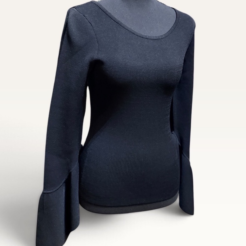 Milly Black Knit Scoop Neck Top with Contrast White Flare Bell Cuffs Long Sleeve